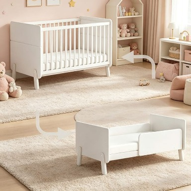Multifunctional Convertible Baby Cot & Toddler Bed – White & Natural Wood