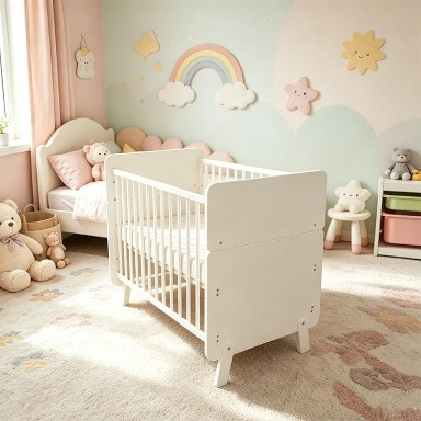 Multifunctional Convertible Baby Cot & Toddler Bed – White & Natural Wood