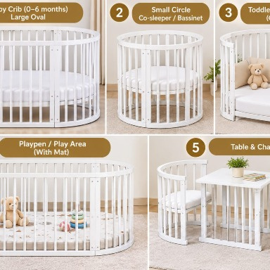 White Oval Baby Bed – Convertible Solid Pine Wood Cot