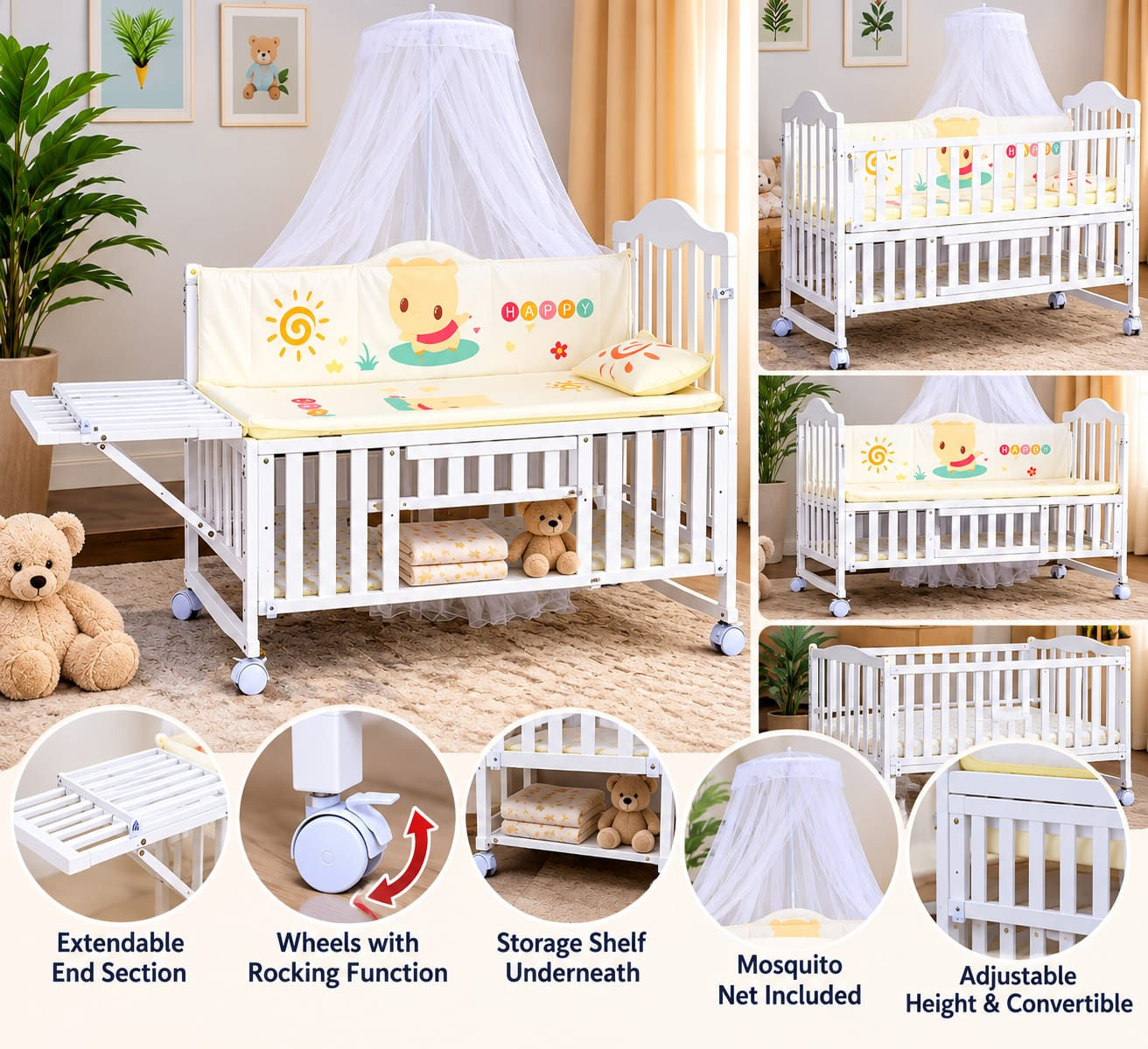 White Multifunctional Baby Cot with Mosquito Net