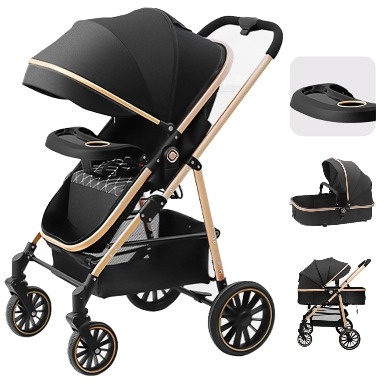 2-in-1 Black & Gold Luxury High-Landscape Baby Stroller with Convertible Seat and Bassinet