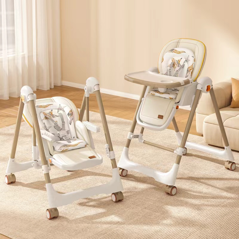 2-in-1 Baby High Chair & Swing – Adjustable, Foldable Feeding Chair with Wheels (Beige & White)
