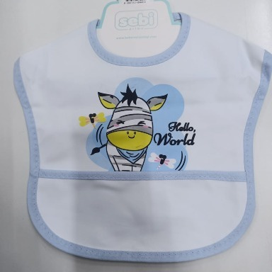 Sebi Baby PVC Waterproof Bib – Blue Cartoon Zebra “Hello World” Feeding Bib