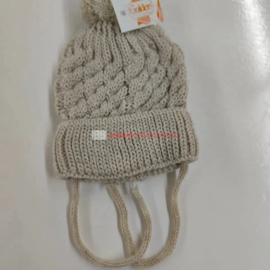 Beige Cable Knit Newborn Beanie with Pom-Pom & Tie Straps – Soft Warm Baby Winter Hat