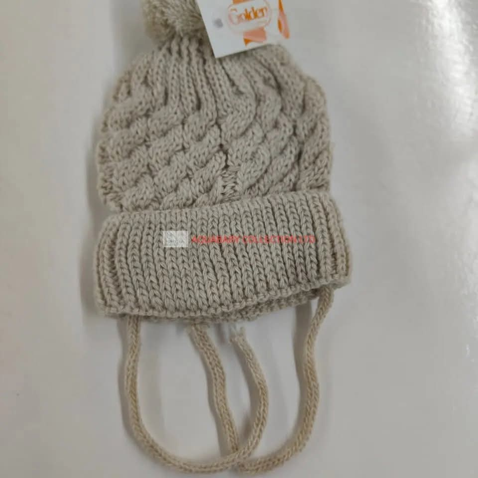Beige Cable Knit Newborn Beanie with Pom-Pom & Tie Straps – Soft Warm Baby Winter Hat