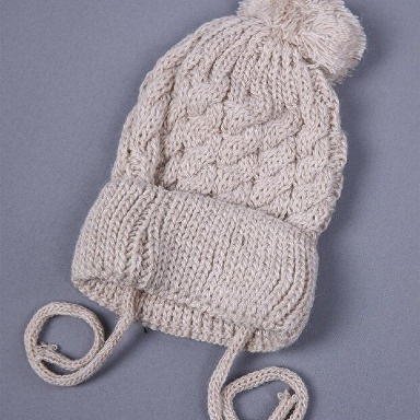 Beige Cable Knit Newborn Beanie with Pom-Pom & Tie Straps – Soft Warm Baby Winter Hat