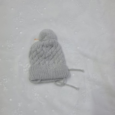 Grey Baby Cable Knit Pompom Beanie with Ties – Soft Braided Knit Newborn Winter Hat