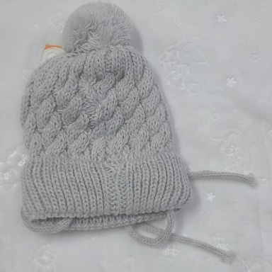 Grey Baby Cable Knit Pompom Beanie with Ties – Soft Braided Knit Newborn Winter Hat
