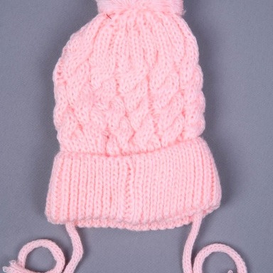 Pink Babyhola Knitted Pompom Beanie for Newborns – Cable Knit Baby Hat with Tie Straps (0–3 Months)