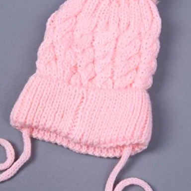 Pink Babyhola Knitted Pompom Beanie for Newborns – Cable Knit Baby Hat with Tie Straps (0–3 Months)
