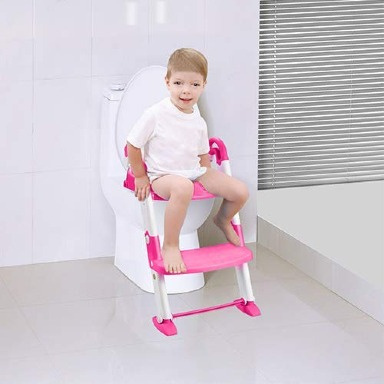 3-in-1 Toddler Potty Training Seat – Pink & White Toilet Trainer with Step Ladder, Non-Slip Base & Removable Potty Insert